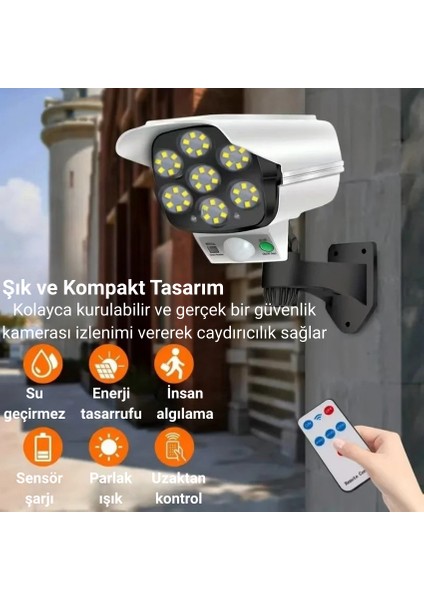 Güneş Enerjili 77 LED Hareket Sensörlü Uzaktan Kumandalı Dekoratif Kamera Güvenlik Lambası fiyatları