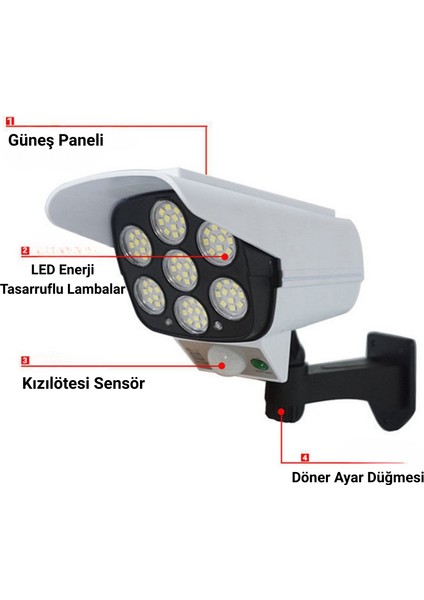 Güneş Enerjili 77 LED Hareket Sensörlü Uzaktan Kumandalı Dekoratif Kamera Güvenlik Lambası modelleri