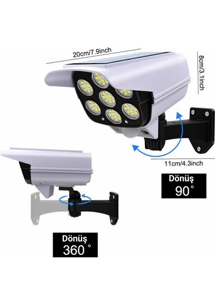 Güneş Enerjili 77 LED Hareket Sensörlü Uzaktan Kumandalı Dekoratif Kamera Güvenlik Lambası fırsatları