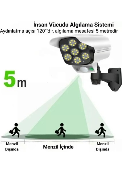 Güneş Enerjili 77 LED Hareket Sensörlü Uzaktan Kumandalı Dekoratif Kamera Güvenlik Lambası indirimleri