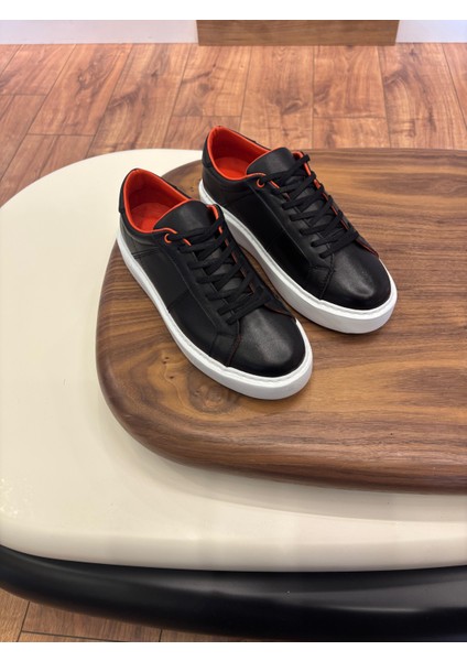 Paris Siyah - Turuncu Detaylı Hakiki Deri Erkek Sneakers - Erkek Spor Ayakkabı