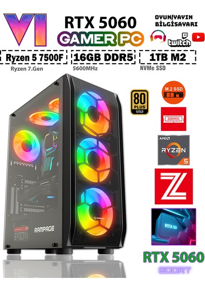 GTA-VI X10 ✔ Ryzen 5 7500F Ddr5 16GB 5600MHZ Ram 1TB M.2 Nvme SSD 8GB GDDR7 RTX5060 Ekran Kartı Premium Oyuncu Bilgisayarı