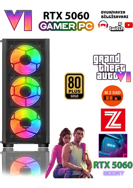GTA-VI X10 ✔ Ryzen 5 7500F Ddr5 16GB 5600MHZ Ram 1TB M.2 Nvme SSD 8GB GDDR7 RTX5060 Ekran Kartı Premium Oyuncu Bilgisayarı