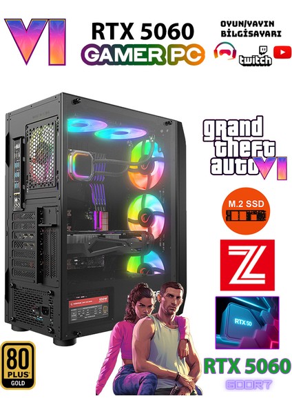 GTA-VI X10 ✔ Ryzen 5 7500F Ddr5 16GB 5600MHZ Ram 1TB M.2 Nvme SSD 8GB GDDR7 RTX5060 Ekran Kartı Premium Oyuncu Bilgisayarı