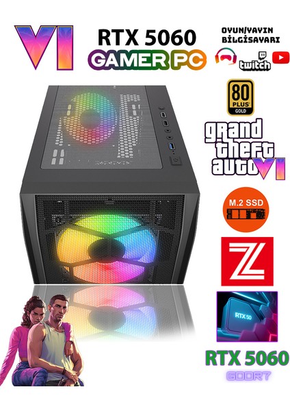 GTA-VI X10 ✔ Ryzen 5 7500F Ddr5 16GB 5600MHZ Ram 1TB M.2 Nvme SSD 8GB GDDR7 RTX5060 Ekran Kartı Premium Oyuncu Bilgisayarı