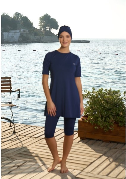 Düz Boneli Likralı Taytlı Yarım Kol Taytlı Mayo