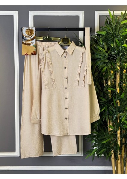 Yeni Sezon Tesettür Iki Kadın Çilek Kumaş - Fırfırlı Gömlek Pantolon Alt Üst Takım fırsatları