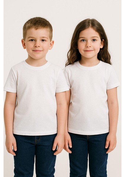 Unisex Çocuk %100 Pamuklu Bisiklet Yaka Basict-Shirt (3 Yaş - 7 Yaş)