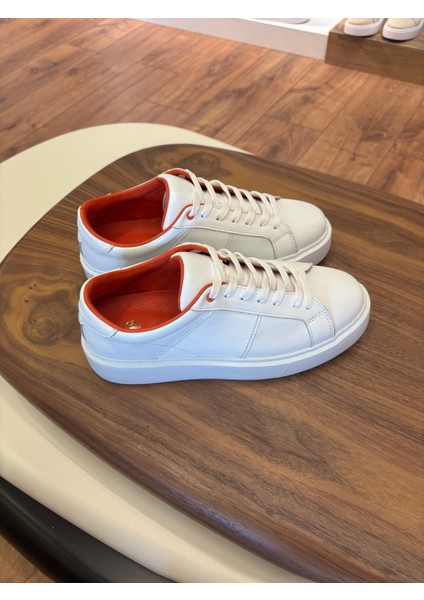 Paris Beyaz - Turuncu Deyatlı Hakiki Deri Erkek Sneakers - Erkek Spor Ayakkabı