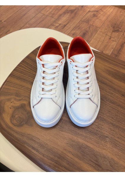Paris Beyaz - Turuncu Deyatlı Hakiki Deri Erkek Sneakers - Erkek Spor Ayakkabı fiyatları