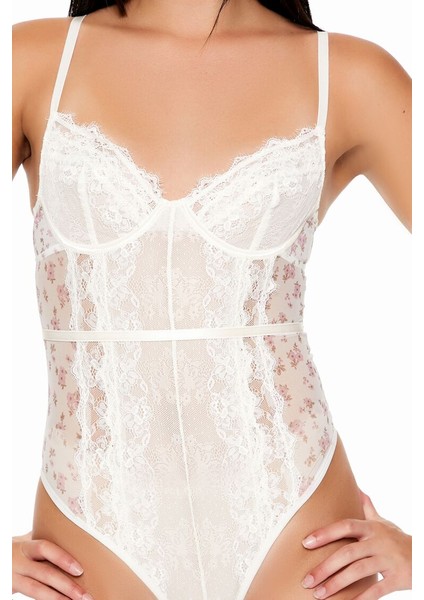 Çiçek Desenli Dantel Bodysuit