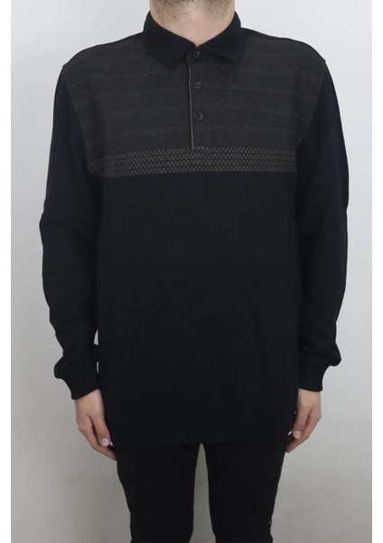 Fistan Store Erkek Siyah Desenli Rahat Kalıp Polo Yaka Selanik Kumaşlı Battal Kışlık Kazak