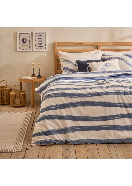 %100 Pamuk Saten Marine King Size Nevresim Seti Mavi-Beyaz (240X220 Cm)