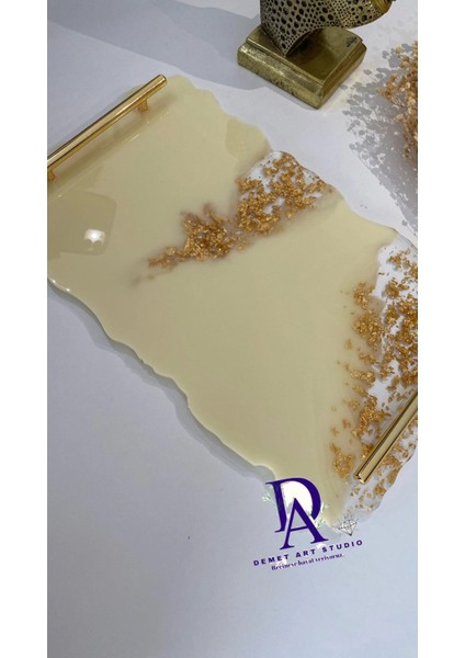 Krem Renkli Iki Kişilik Söz Nişan Damat Epoksi Sunum Tepsisi 34X20 CM. ebadında