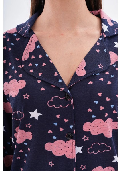 Pamuklu Düğmeli Bulut Baskılı Pijama Takımı