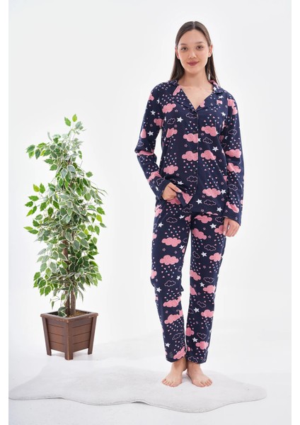 Pamuklu Düğmeli Bulut Baskılı Pijama Takımı