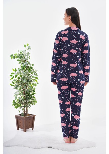 Pamuklu Düğmeli Bulut Baskılı Pijama Takımı