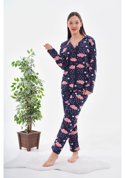 Pamuklu Düğmeli Bulut Baskılı Pijama Takımı