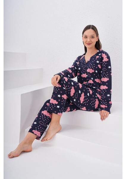 Pamuklu Düğmeli Bulut Baskılı Pijama Takımı