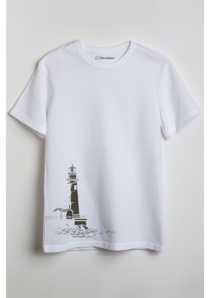 Deniz Kulesi Baskılı Unisex T-Shirt Beyaz