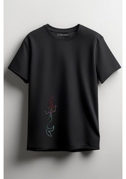 Çizgili Deniz Kızı Baskılı Unisex T-Shirt Siyah