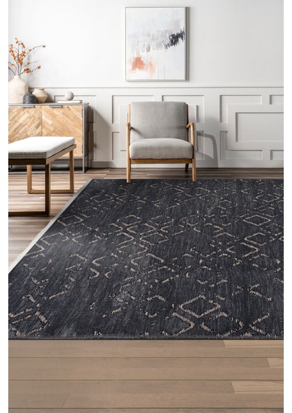 Akasya Antrasit Baklava Desenli Halı – Yumuşak, Kaymaz, Yıkanabilir ve Şık Tasarım - 60 x 100 cm