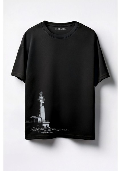 Deniz Kulesi Baskılı Unisex Oversize T-Shirt Siyah