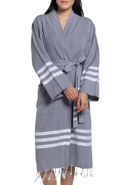 Bala Sultan Işlemeli Kimono Yaka Bornoz Koyu Gri