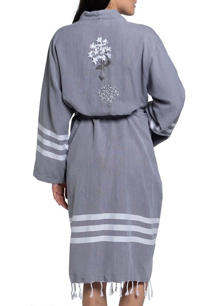 Bala Sultan Işlemeli Kimono Yaka Bornoz Koyu Gri