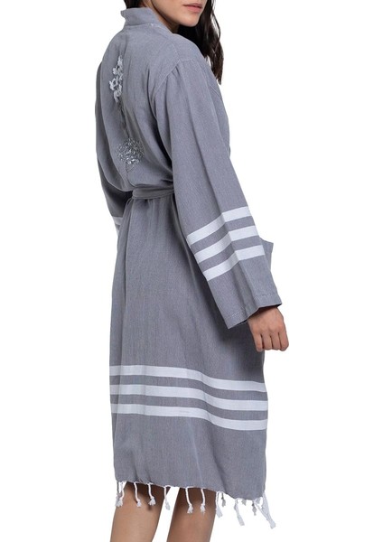 Bala Sultan Işlemeli Kimono Yaka Bornoz Koyu Gri