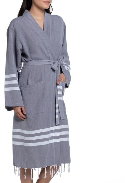 Bala Sultan Işlemeli Kimono Yaka Bornoz Koyu Gri