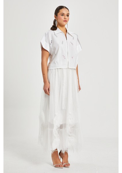 Kadın Tül Detaylı Uzun Etek – Astarı Elastan Karışımlı, Özel Tasarım