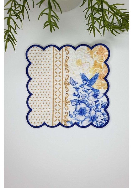 Royal White Uyumlu Çiçek ve Kuş Desenli Saks Nakış Kenar Kumaş Kokteyl Peçetesi 1 Adet