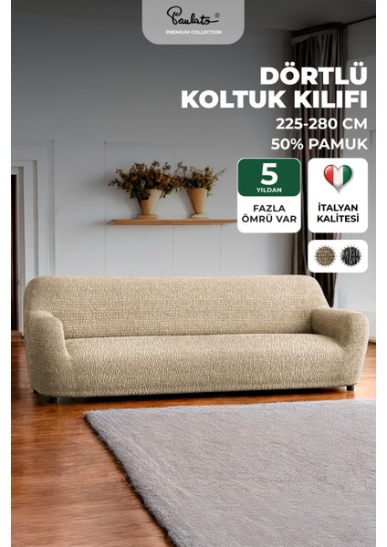 Lastikli Esnek ve Yıkanabilir 4 Kişilik Koltuk Örtüsü Çekyat Kanepe Kılıfı - Bej