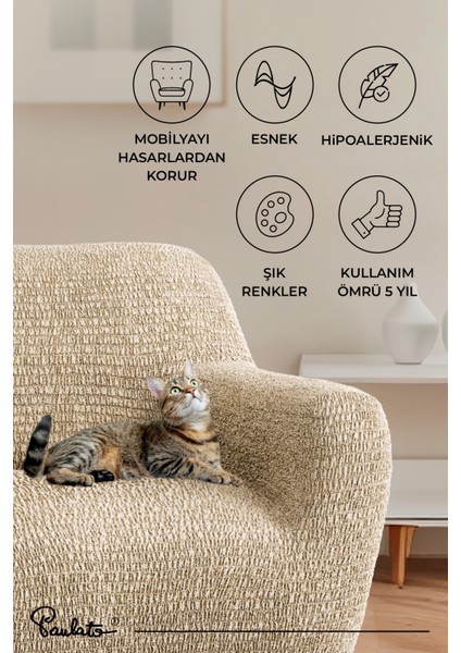 Lastikli Esnek ve Yıkanabilir 4 Kişilik Koltuk Örtüsü Çekyat Kanepe Kılıfı - Bej