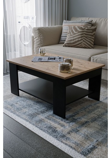 Atlantik Çam - Siyah Sole Orta Sehpa 60X90X45 Alt Büyük Raflı