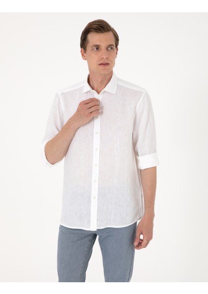 Erkek Beyaz %100 Keten Regular Fit Uzunkollu Gömlek 50303293-VR013