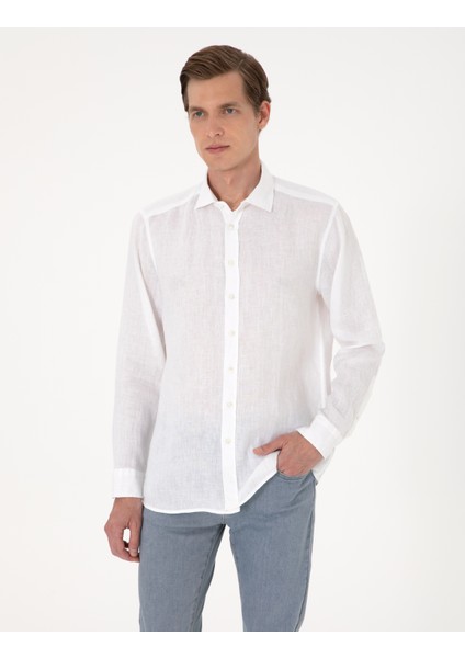 Erkek Beyaz %100 Keten Regular Fit Uzunkollu Gömlek 50303293-VR013
