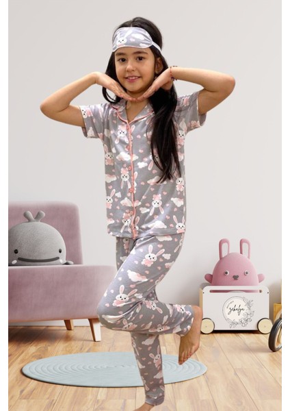 Kız Çocuk Gömlek Yaka Düğmeli Tavşan Desenli Kısa Kollu Pijama Takımı