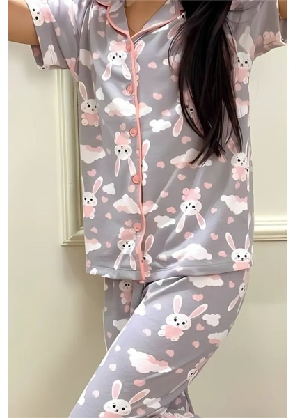 Kız Çocuk Gömlek Yaka Düğmeli Tavşan Desenli Kısa Kollu Pijama Takımı fiyatları