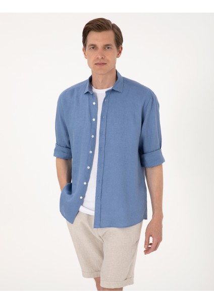 Erkek Mavi %100 Keten Regular Fit Uzunkollu Gömlek 50303293-VR036