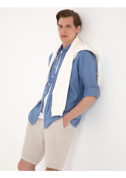 Erkek Mavi %100 Keten Regular Fit Uzunkollu Gömlek 50303293-VR036