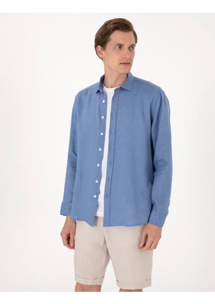Erkek Mavi %100 Keten Regular Fit Uzunkollu Gömlek 50303293-VR036