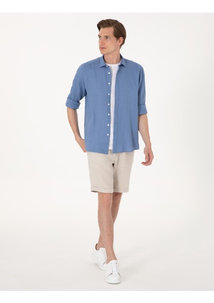 Erkek Mavi %100 Keten Regular Fit Uzunkollu Gömlek 50303293-VR036
