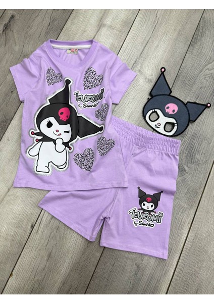 Kuromi Baskılı Kız Çocuk Kuromi Maskeli Tişört ve Şort Lila Takım