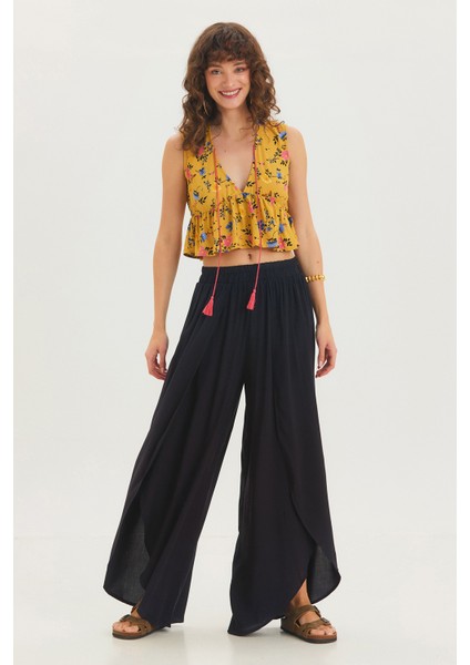 V Yaka Çiçek Desenli Crop Bluz Hardal