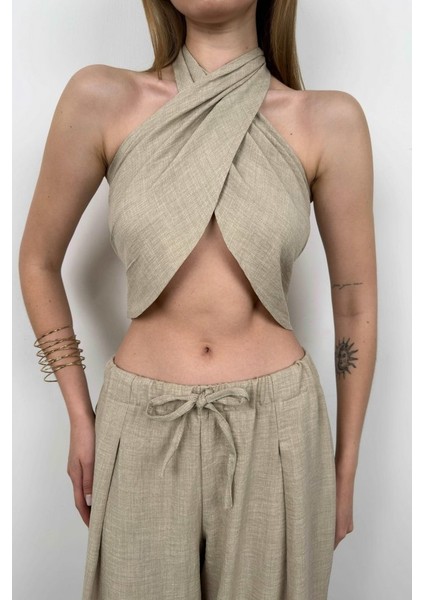 Fh Fashionhere Çapraz Bağlamalı Keten Crop modelleri