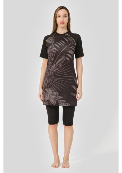 Hızlı Kuruyan Desenli Reglan Yarım Kol Yarı Kapalı Tesettür Mayo 24708-25 Siyah