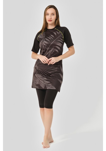 Hızlı Kuruyan Desenli Reglan Yarım Kol Yarı Kapalı Tesettür Mayo 24708-25 Siyah modelleri