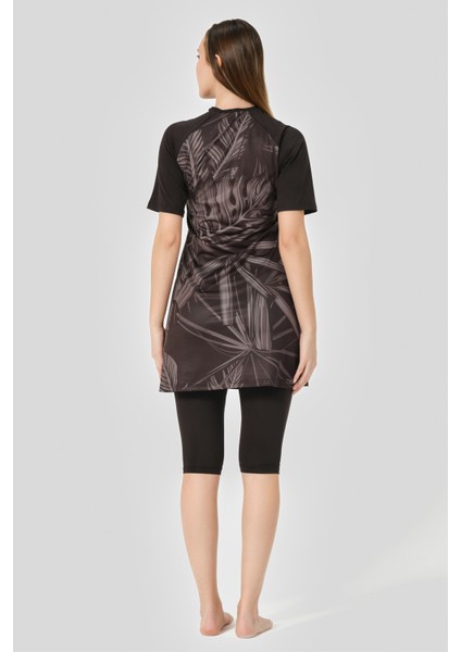 Hızlı Kuruyan Desenli Reglan Yarım Kol Yarı Kapalı Tesettür Mayo 24708-25 Siyah fırsatları